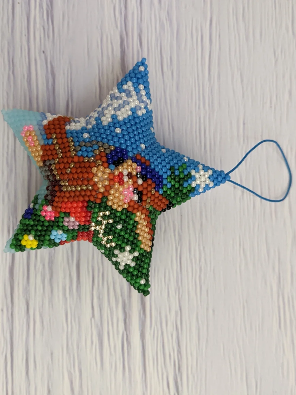 Handmade Blue Beaded Star Holiday Ornament - Cute Bunny Design